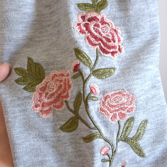 Crewneck Gray Sweater with Pink Embroidered Flower Sleeves - Picture 3 of 8